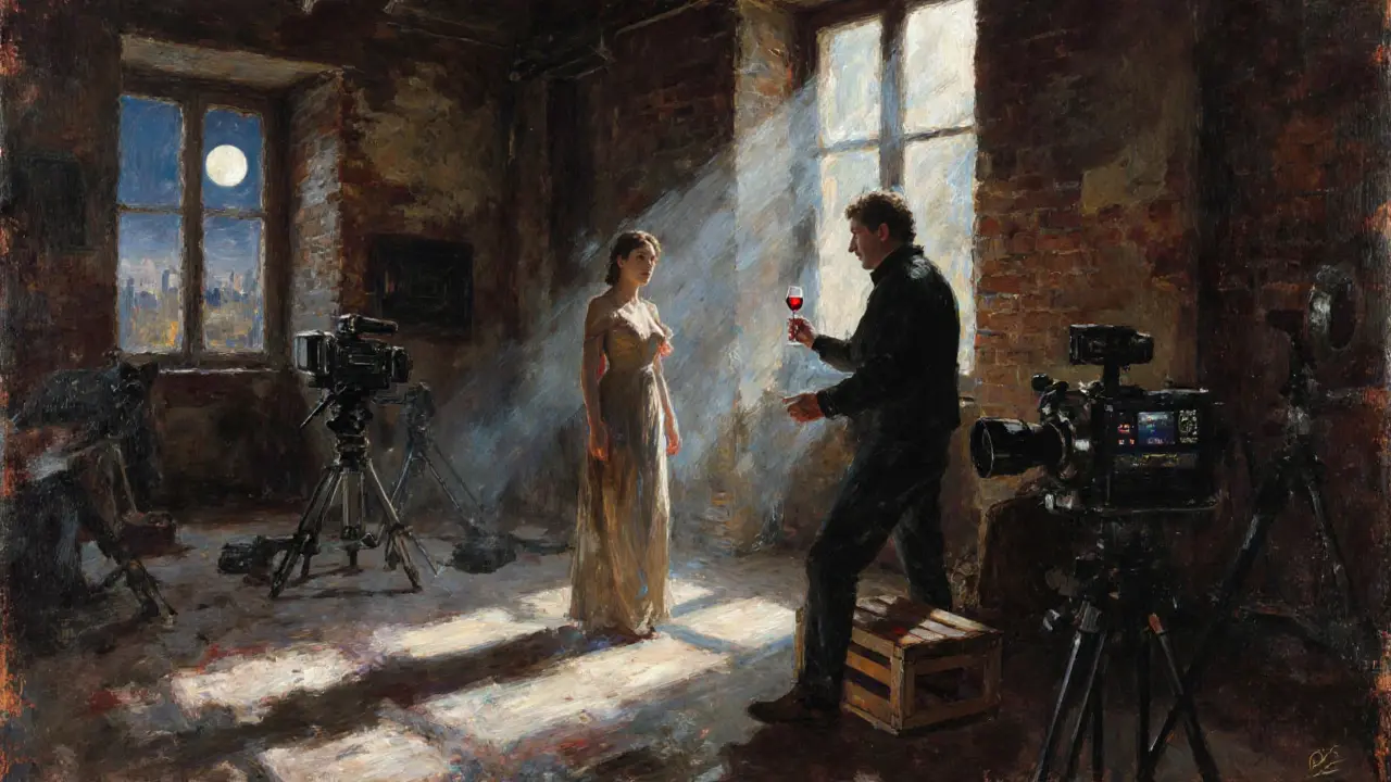 A filmmaker directs a raw, intimate scene in a moonlit loft, shadows stretching across brick walls.