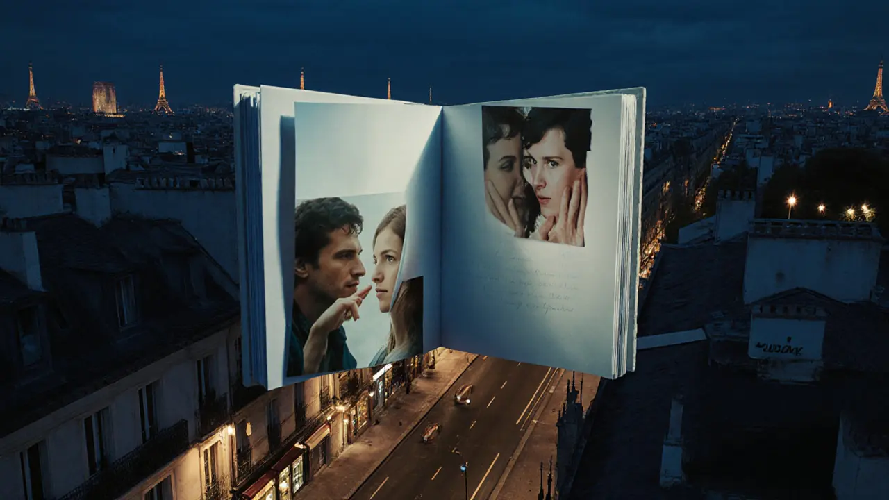 A floating notebook hovers over Paris at night, its pages showing fragments of cinematic erotic moments.