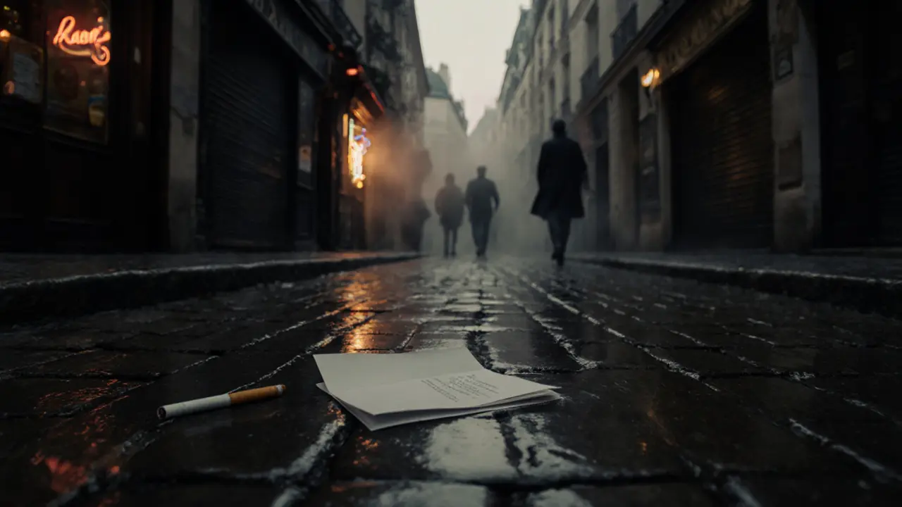 A folded note and cigarette lie on wet Parisian cobblestones in a quiet alley at dawn, neon glow reflecting in puddles.