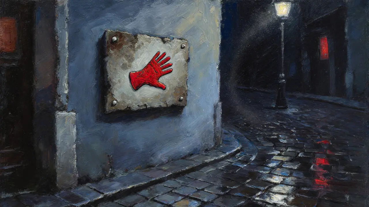 A small stone plaque with a red glove etched into it, hidden in a rainy alley behind Le Chat Noir.