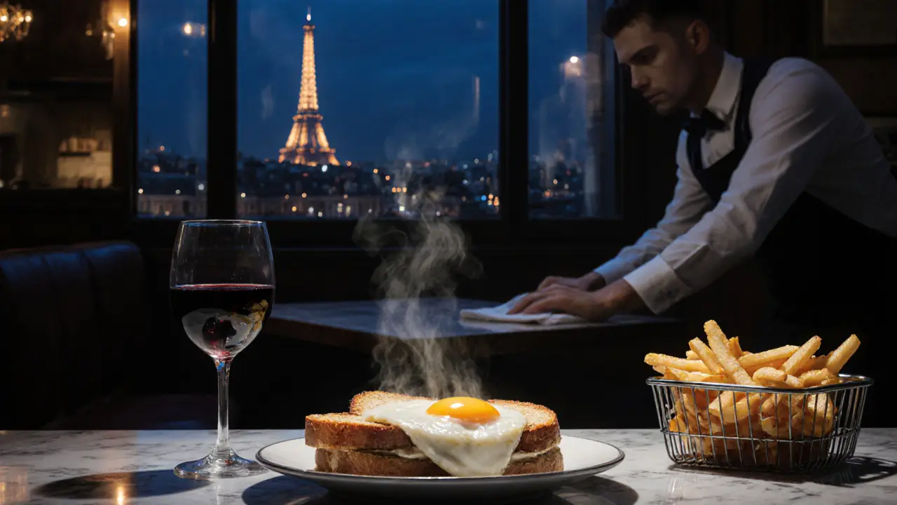 A steaming croque-monsieur at a 24-hour brasserie, with the distant glow of the Eiffel Tower outside.