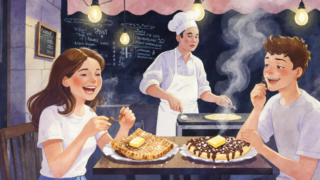 A vibrant midnight crêperie where couples and teens enjoy fresh crêpes under soft string lights.