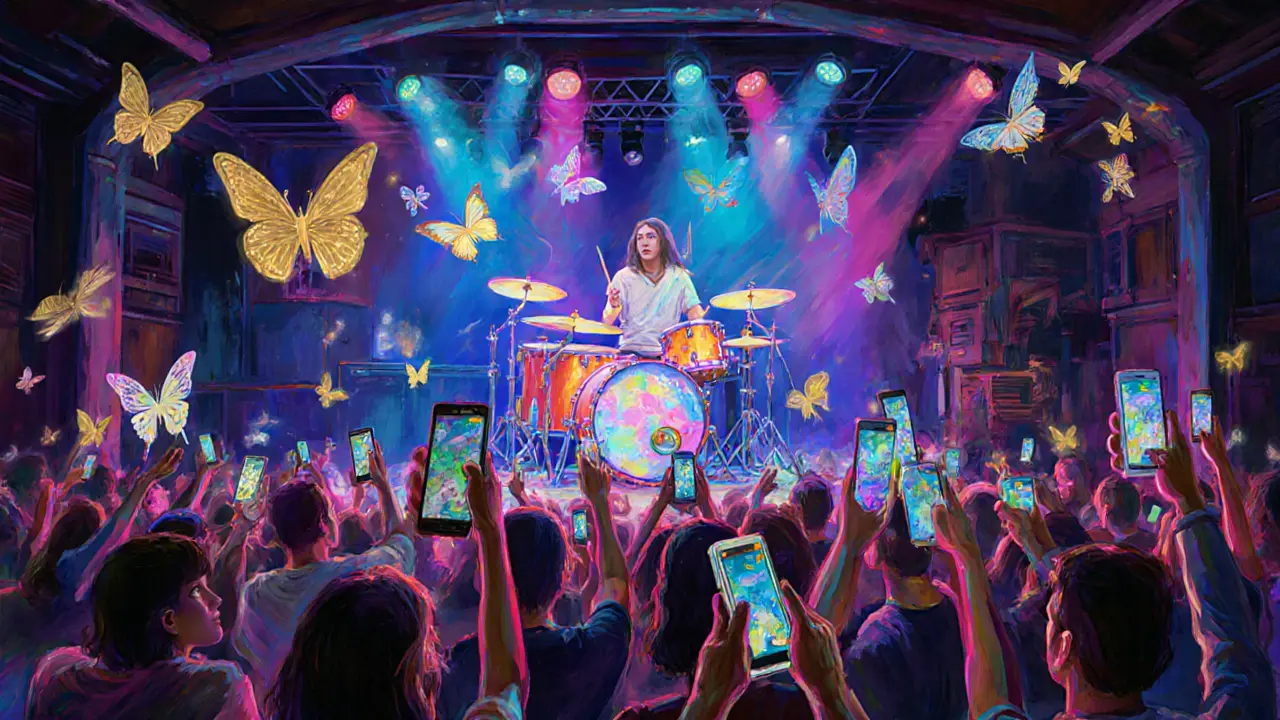 Audience using phones to see AR butterflies and graphics at La Cigale.