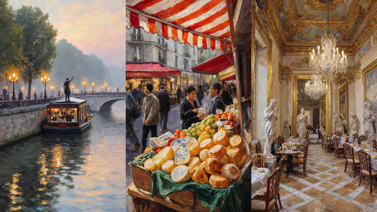 Blend of Rue Cler market, Canal St‑Martin at dusk, and Musée Jacquemart‑André interior.
