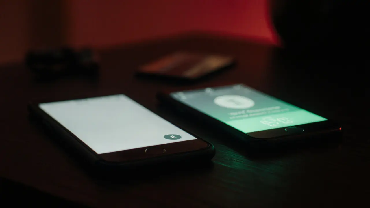 Burner phone and encrypted message app on a dark table, hinting at covert communication.