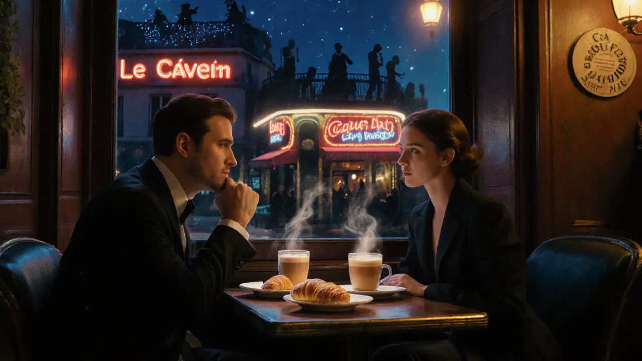 Café de Flore table with coffee, jazz club, and rooftop bar nightlife scene.