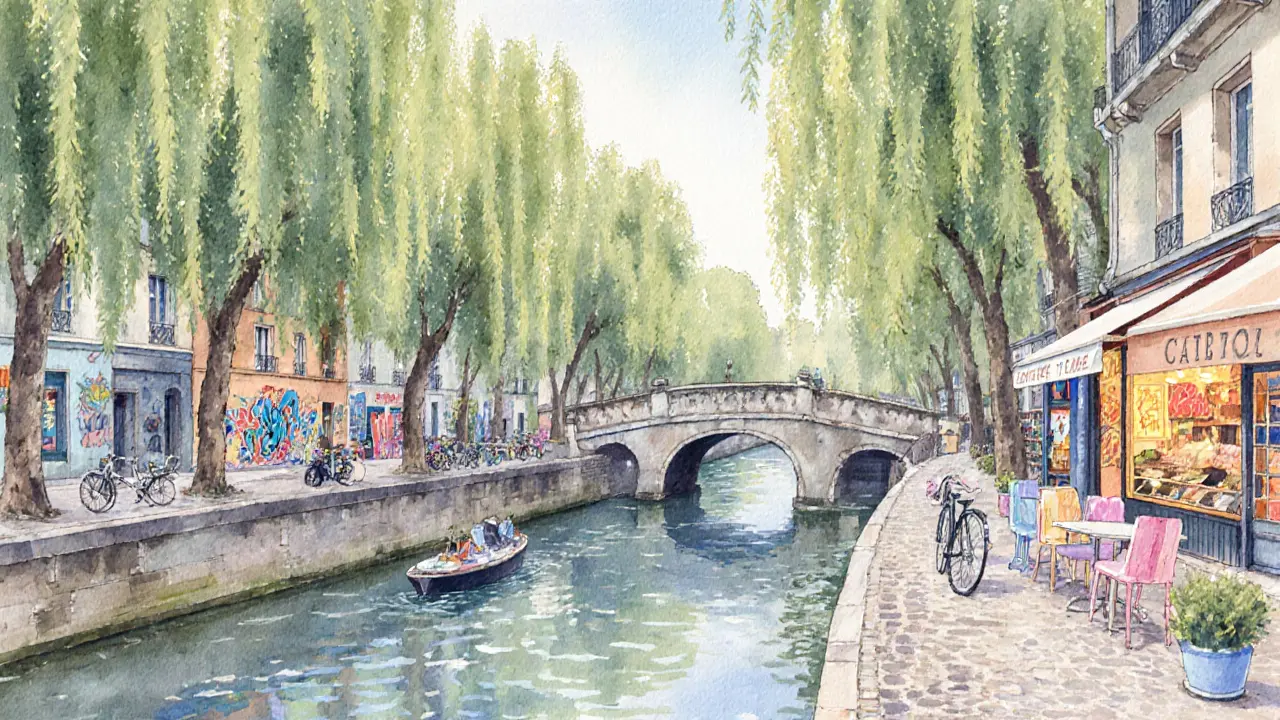 Canal Saint‑Martin lined with cafés, bicycles, and colorful street art.