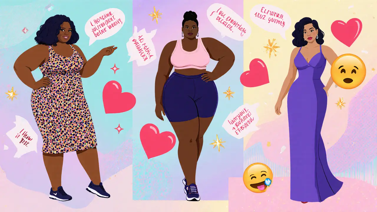 Colorful illustration of confident plus‑size women in varied outfits with uplifting symbols.