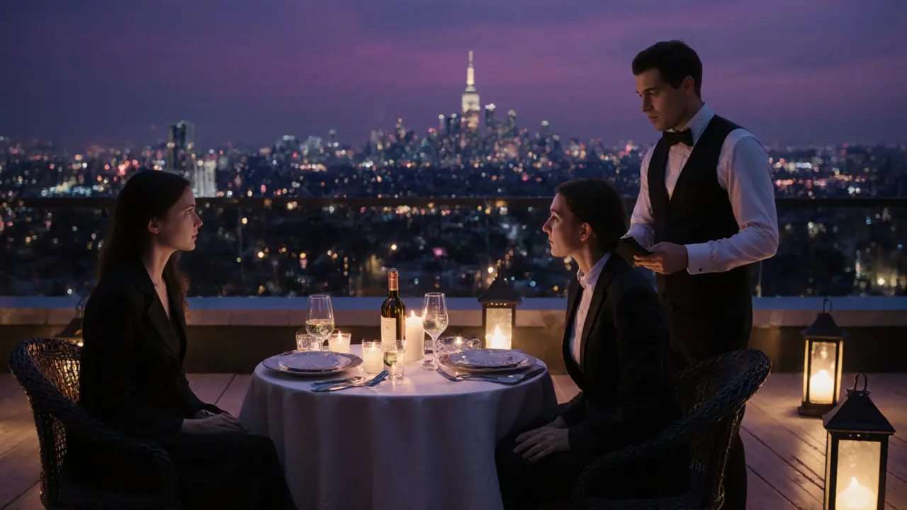 Couple enjoying a candlelit rooftop dinner with city skyline, arranged by a concierge.