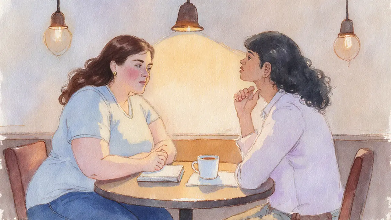 Couple having an open, supportive conversation at a café table.