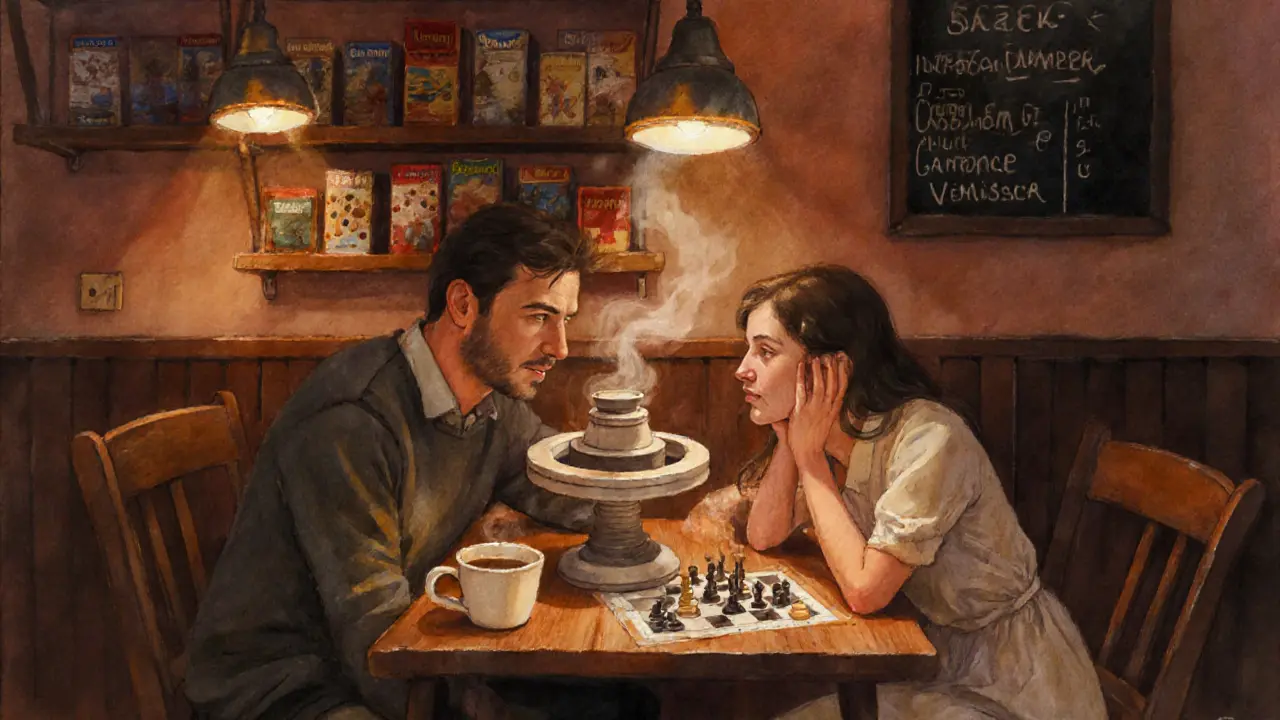 Couple sharing a relaxed first date at a board‑game café with a pottery wheel.