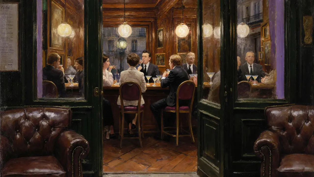 Cozy nighttime interior of Café de Flore with patrons enjoying martinis.