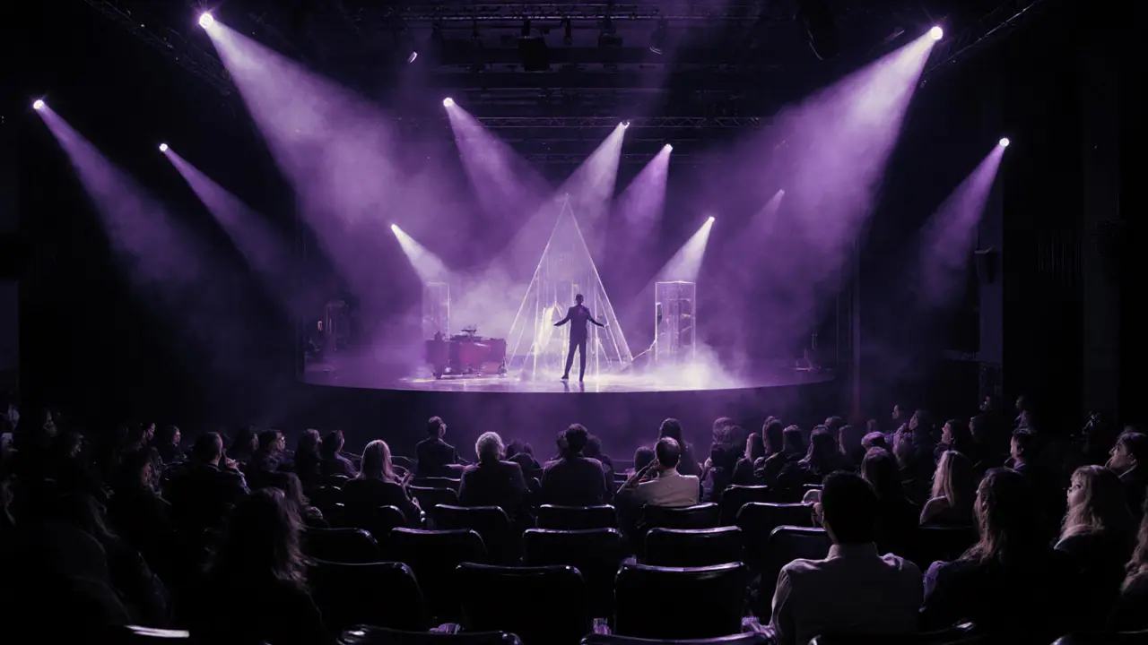 Crowded Crazy Horse interior with dim violet lights and Perry’s silhouette on stage.