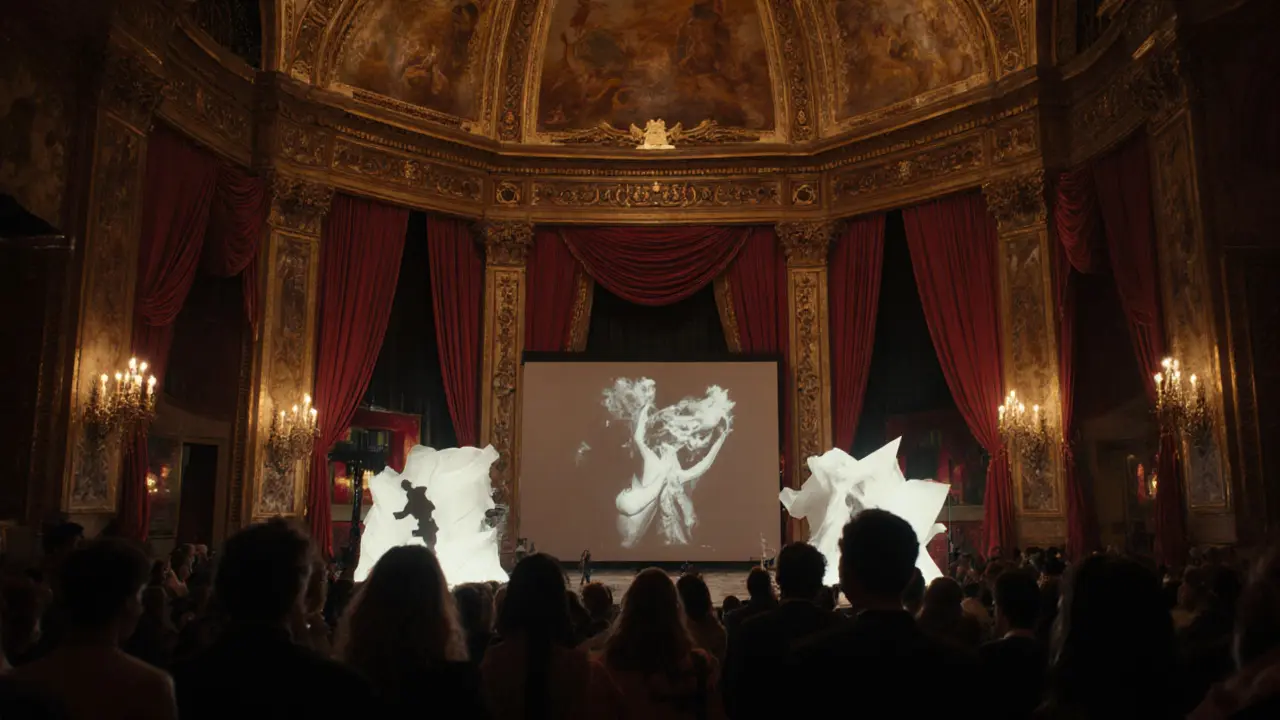 Elegant Paris theater hosts Le Bal des Adultes festival with avant‑garde erotic installations and audience.