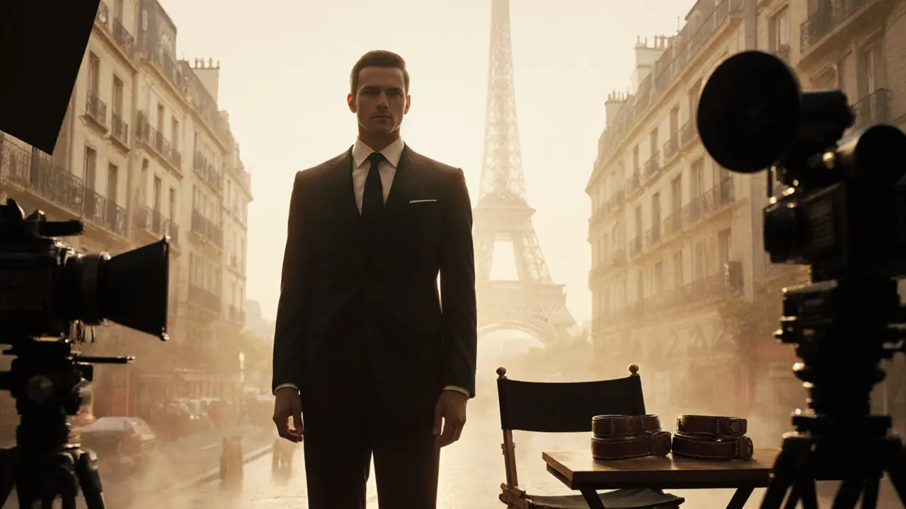 Film set with a stylish male star in a sleek suit beside vintage equipment.