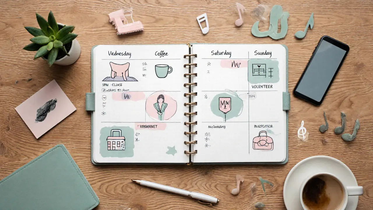 Flat‑style weekly planner with icons for yoga, coffee, volunteer, work, and music.