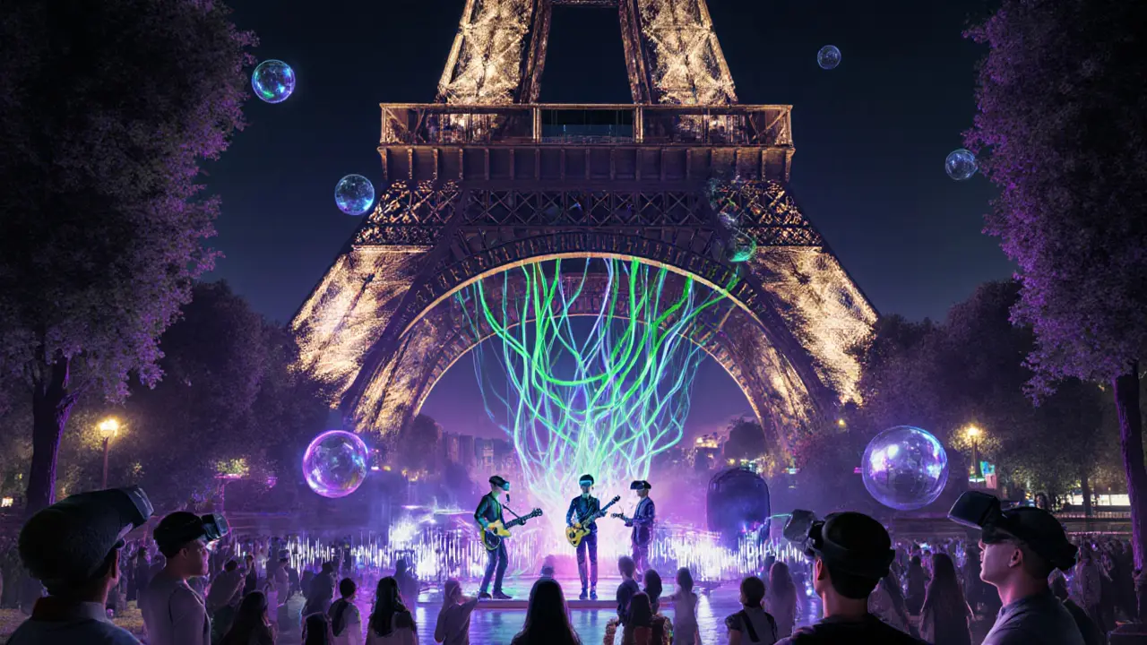Futuristic hybrid concert with VR avatars, AI lighting, and hologram performers.