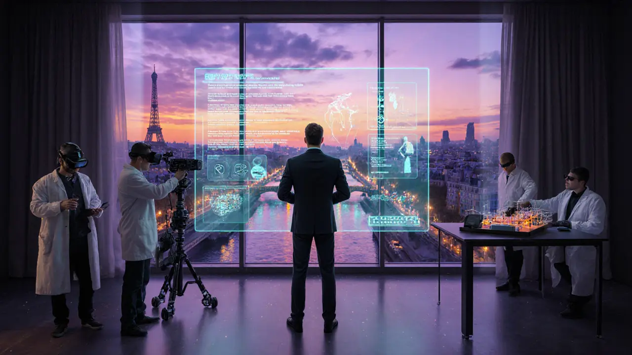 Futuristic Paris hub with Perry interacting with holographic AI scripts and VR gear.