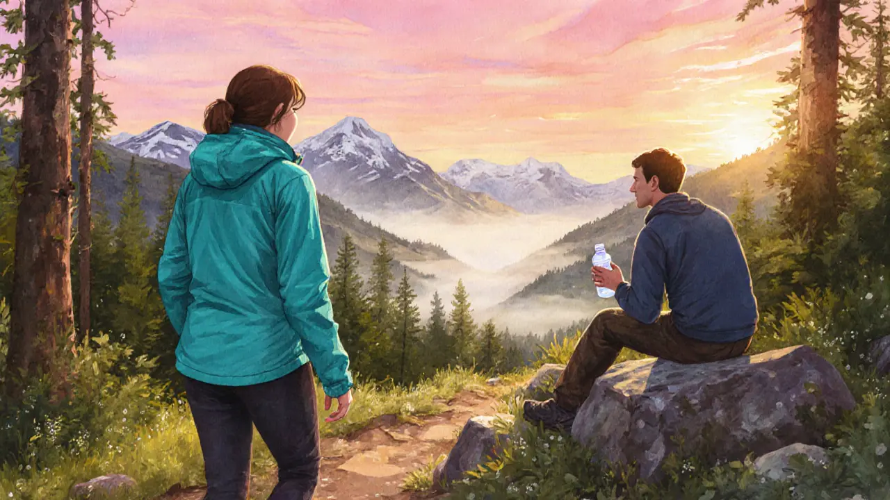 Hikers pausing at a sunrise viewpoint, glancing at each other.