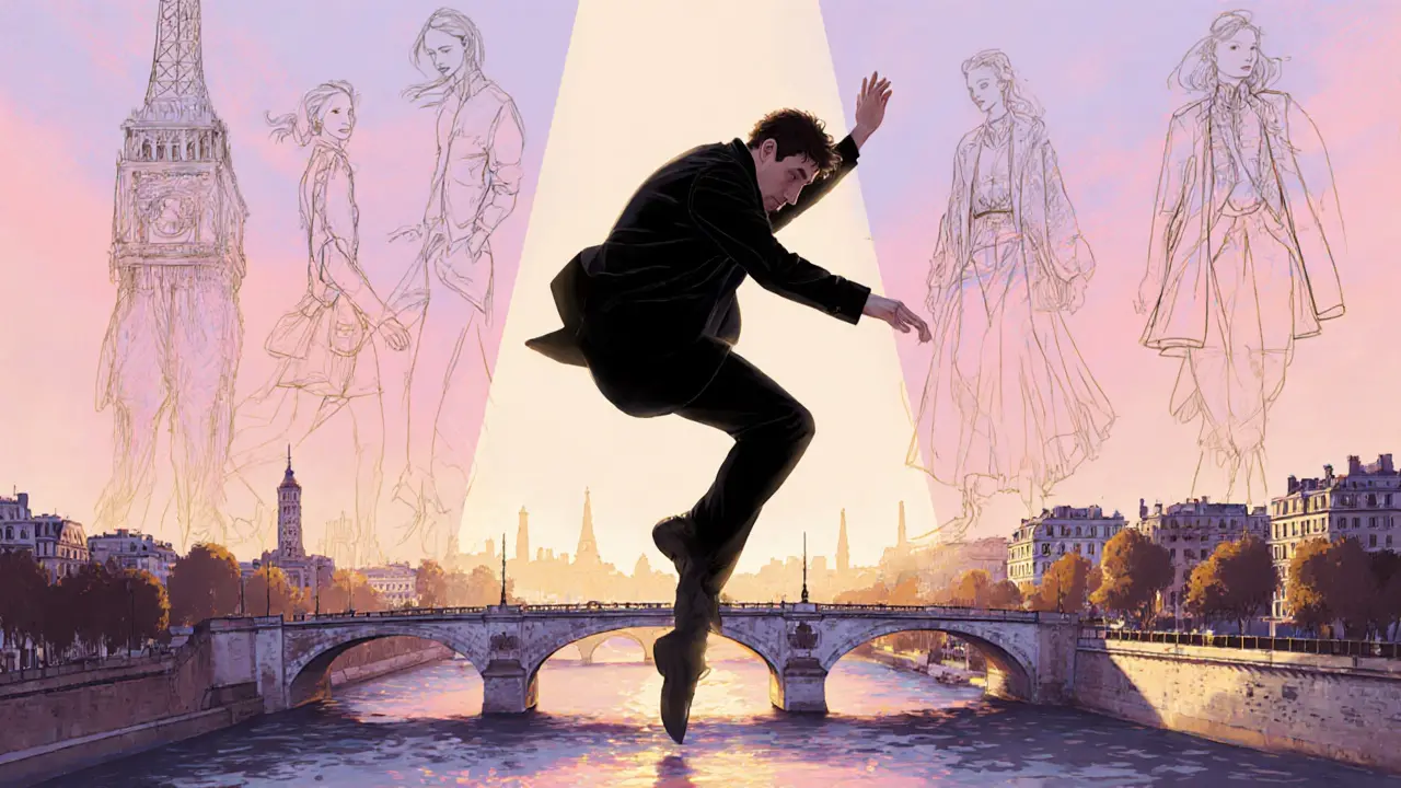Ian dancing on Pont Neuf at sunrise, hinting at a multimedia and fashion project.