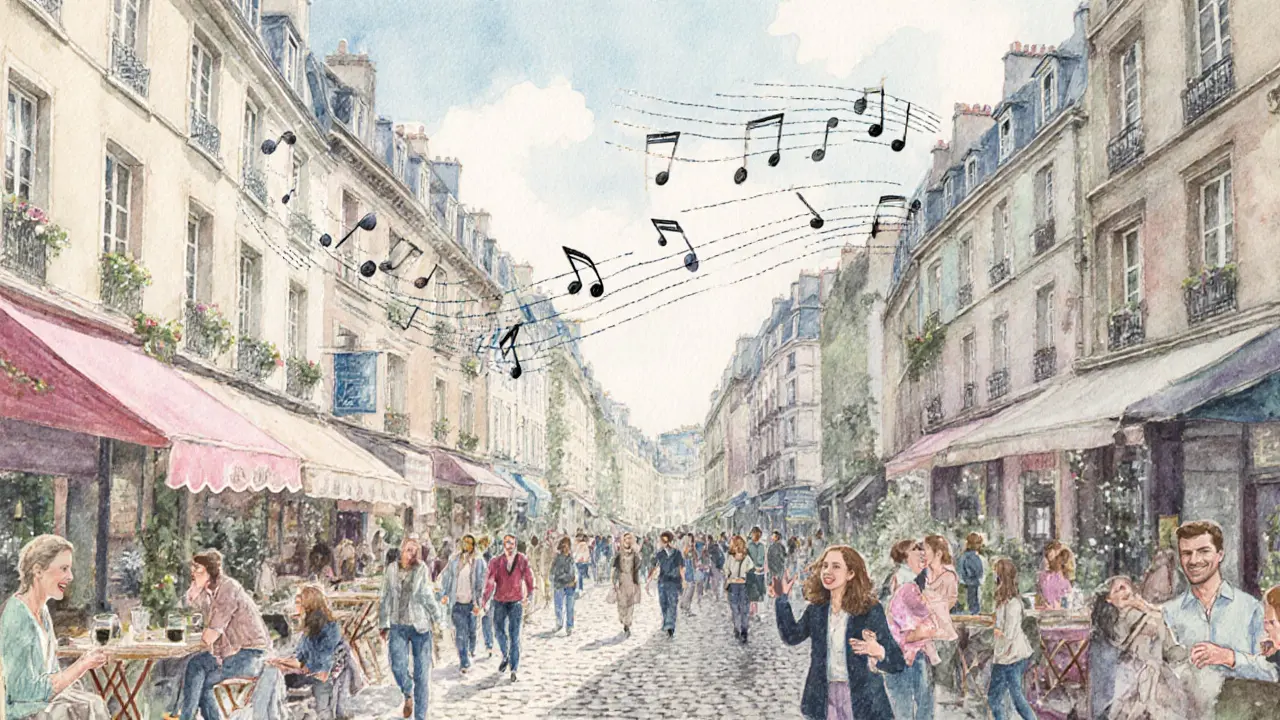Illustrated Le Marais street with cafés, people, and translucent sound‑wave graphics representing ambient audio.