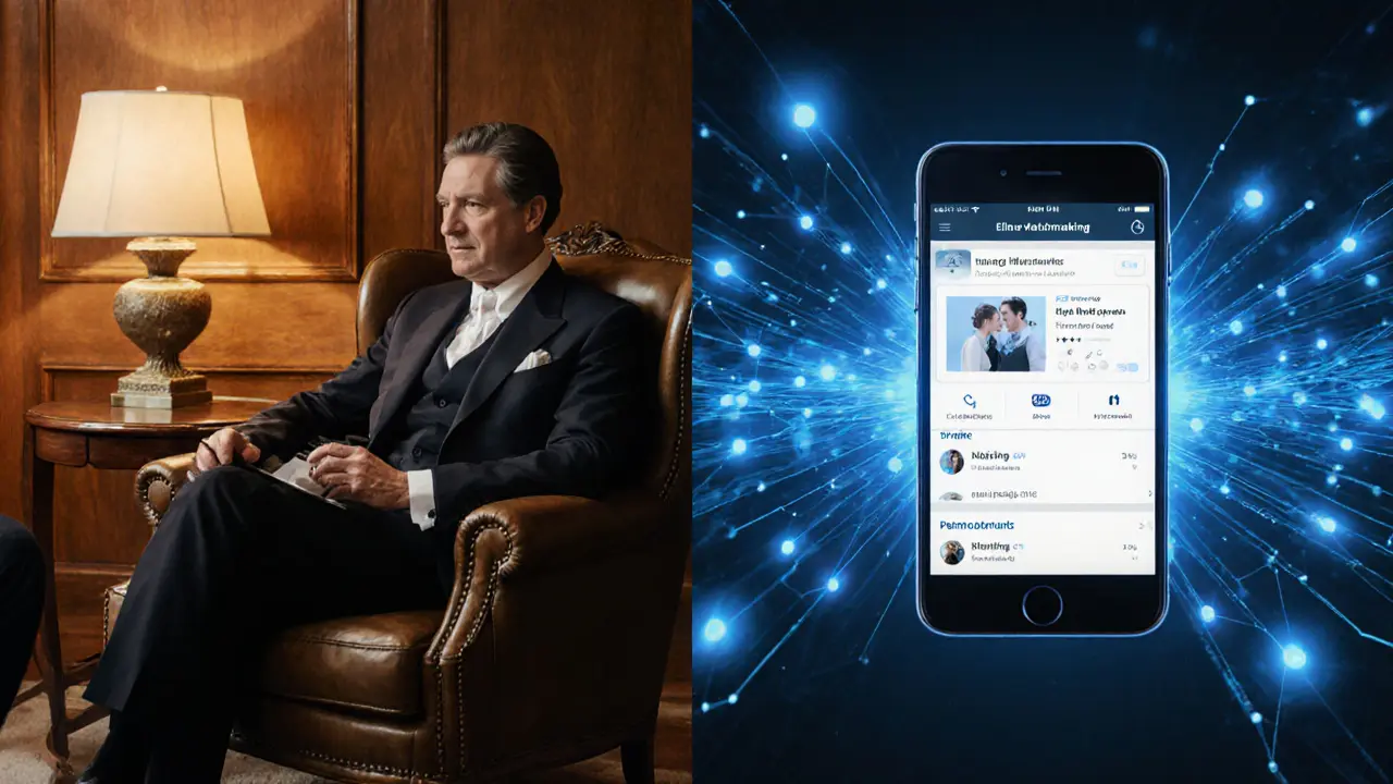 Illustration of a matchmaker interviewing a client beside an AI‑driven dating app interface.