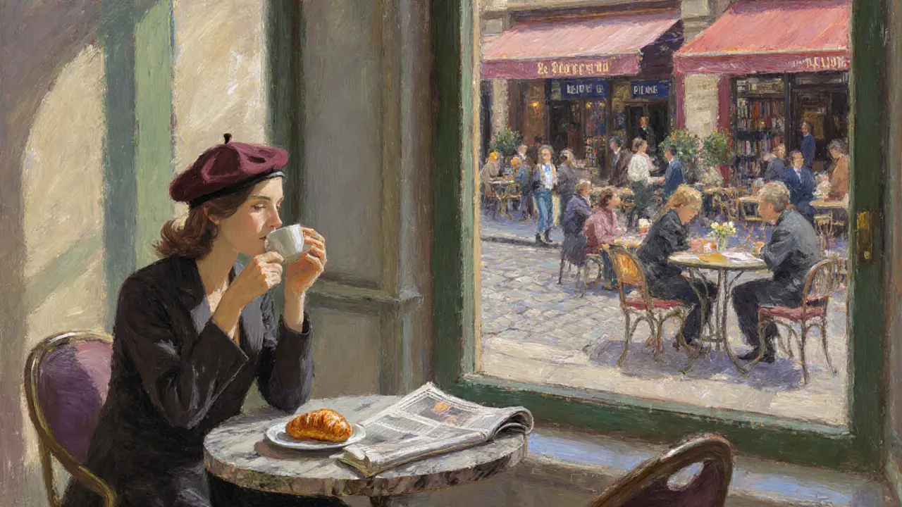 Impressionist interior of Louvre annex with café scene and Latin Quarter street.