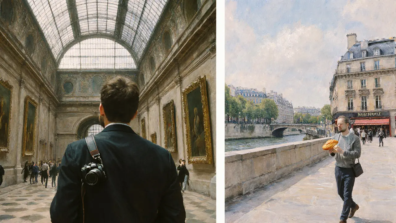 Man admires art at Musée d'Orsay then walks by the Seine with a croissant.