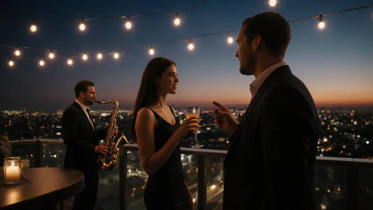 Man approaches a woman at a rooftop jazz bar under twilight lights.