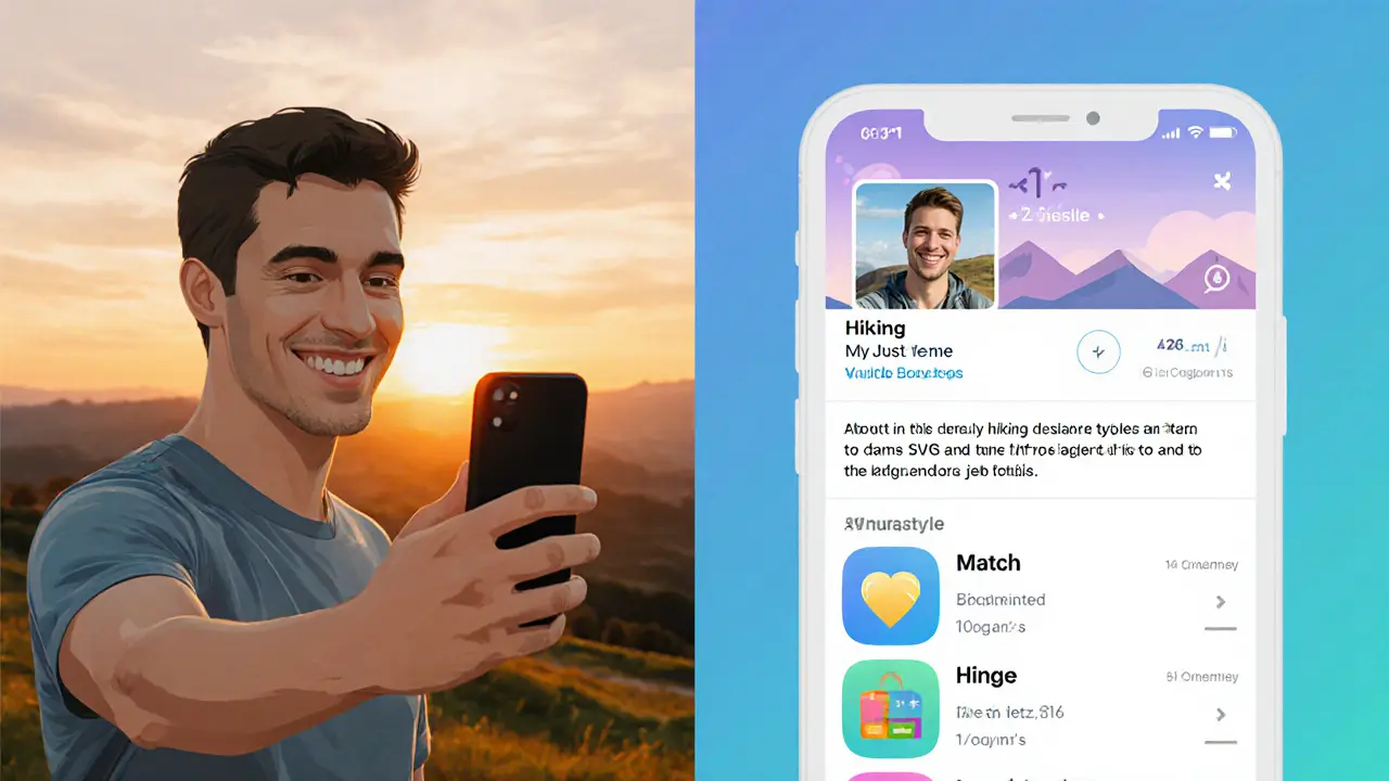 Man taking a selfie and viewing his polished dating profile with app icons.