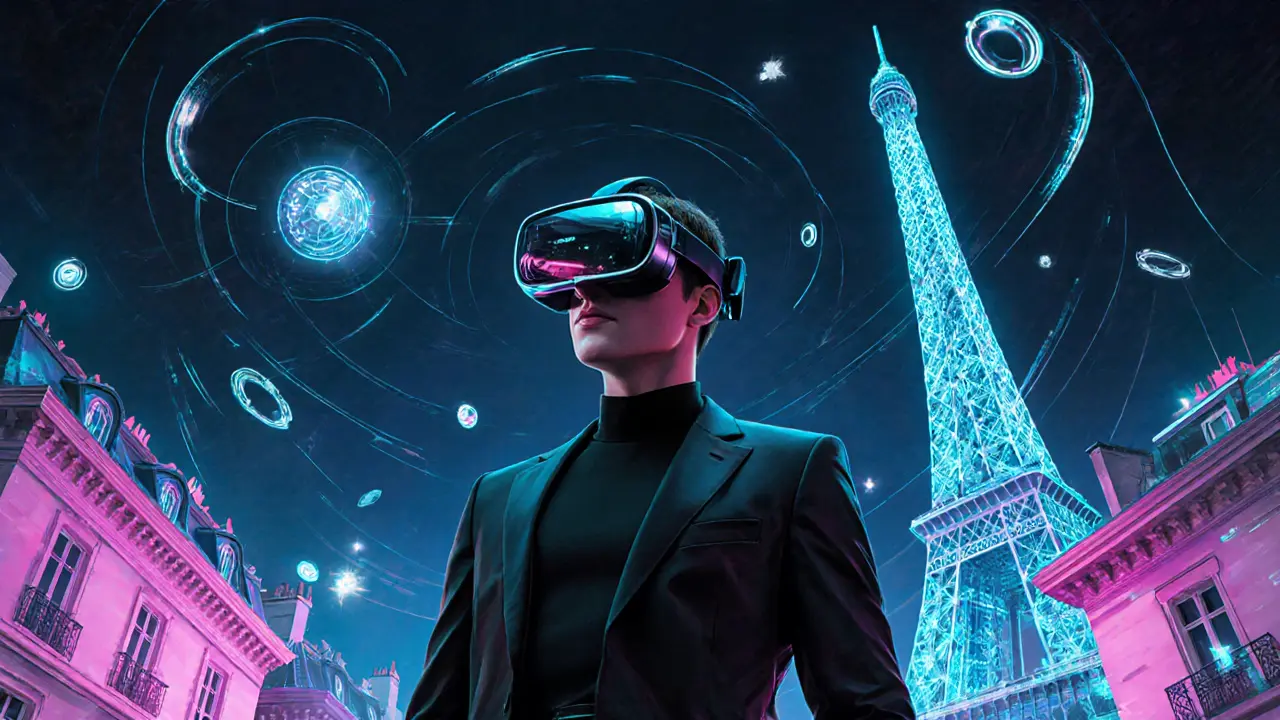 Manuel Ferrara in a futuristic AR/VR studio, wearing headset amid holographic Paris landmarks.