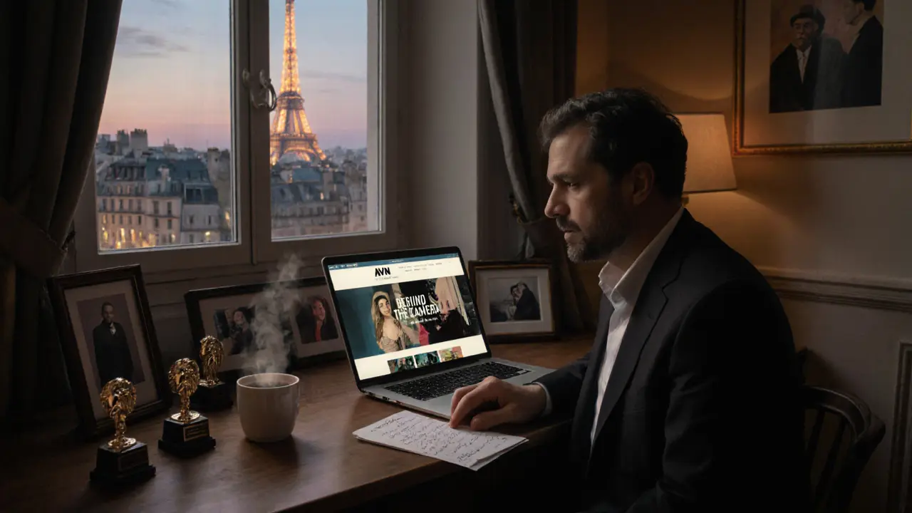 Manuel Ferrara in a Paris apartment surrounded by awards and photos, gazing thoughtfully at a nonprofit website.