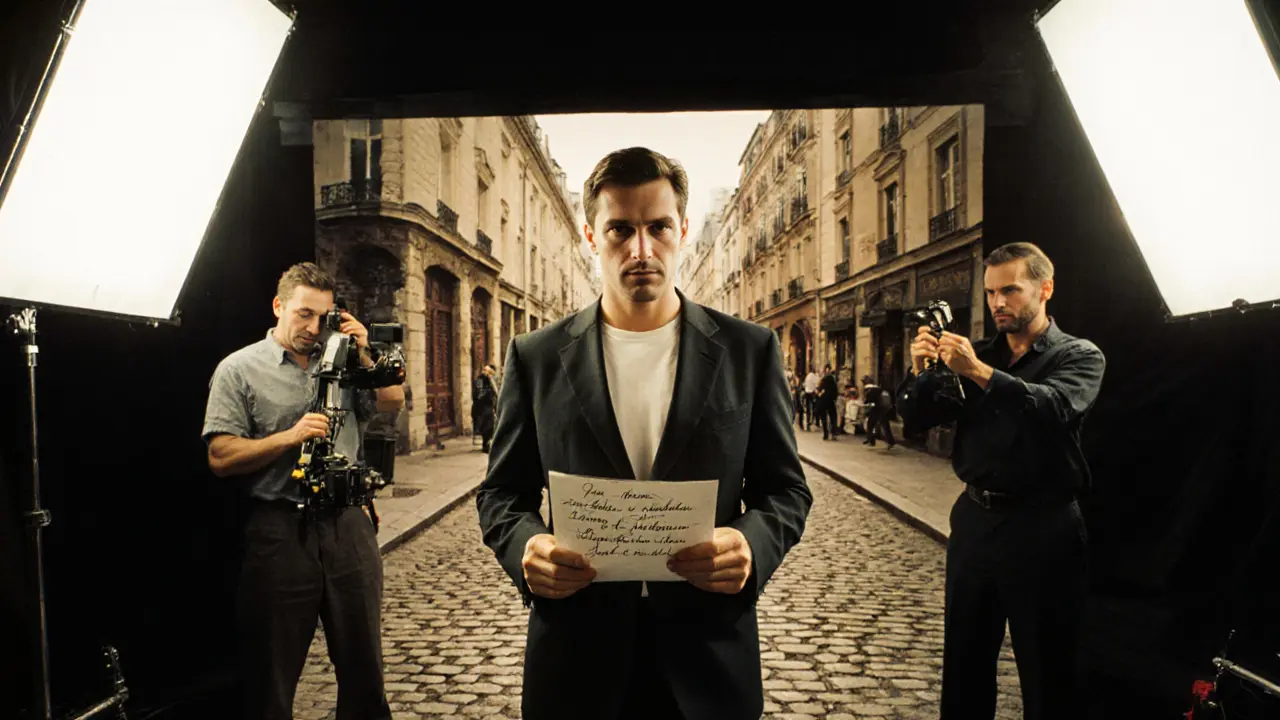 Manuel Ferrara on a U.S. adult film set, standing with performers under studio lights near a Paris-themed backdrop.