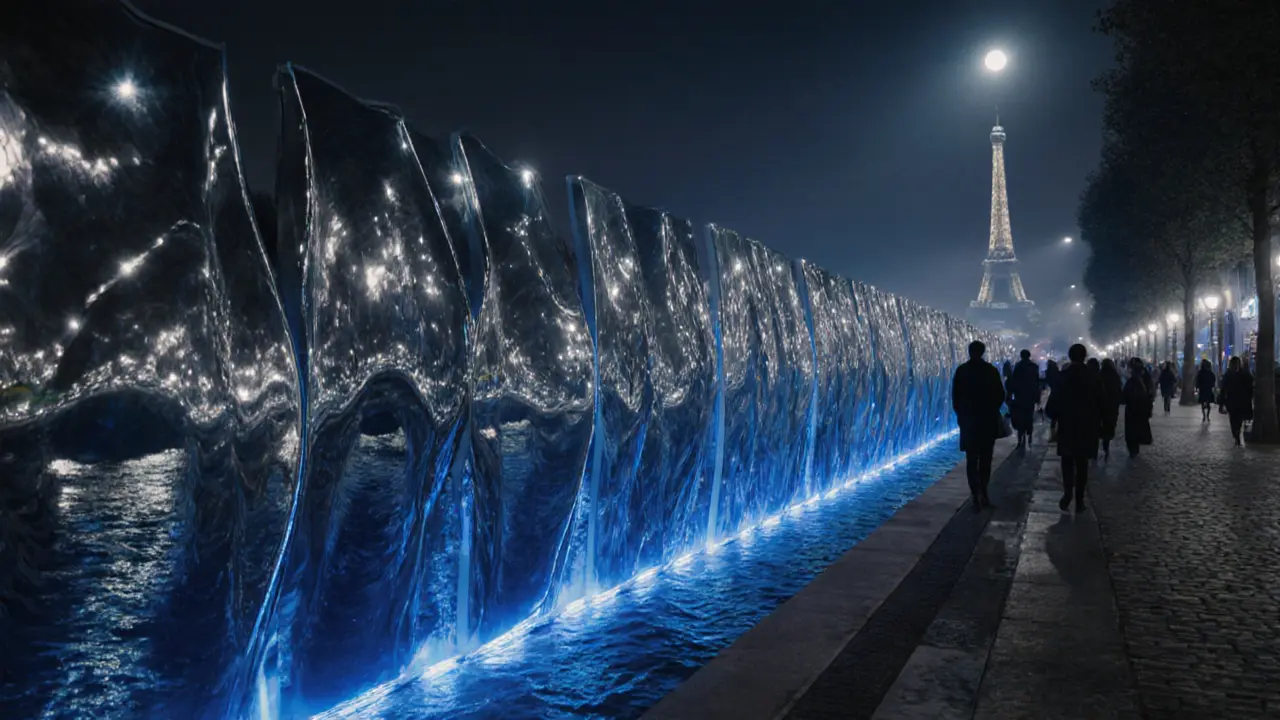 Night scene of kinetic mirrored panels along the Seine reflecting water and moonlight, with visitors nearby.
