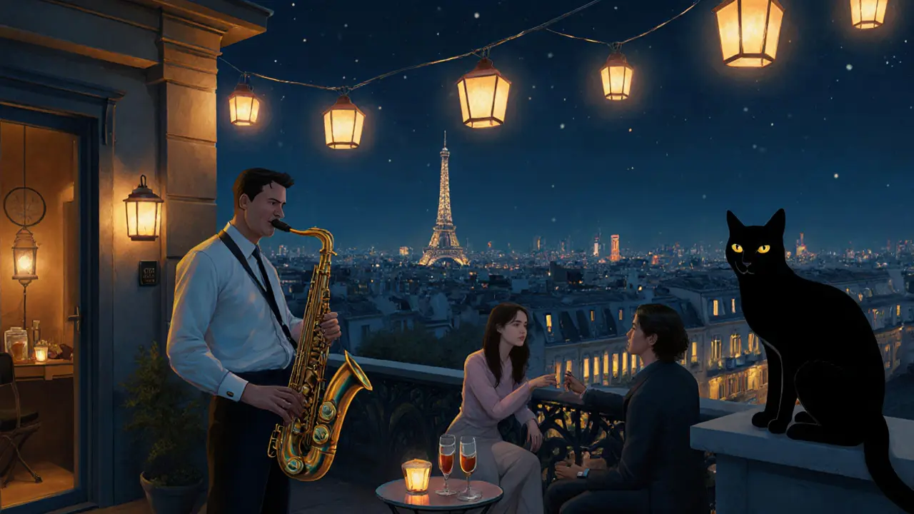 Nighttime rooftop terrace with jazz musician, city lights, and a cat on the railing.