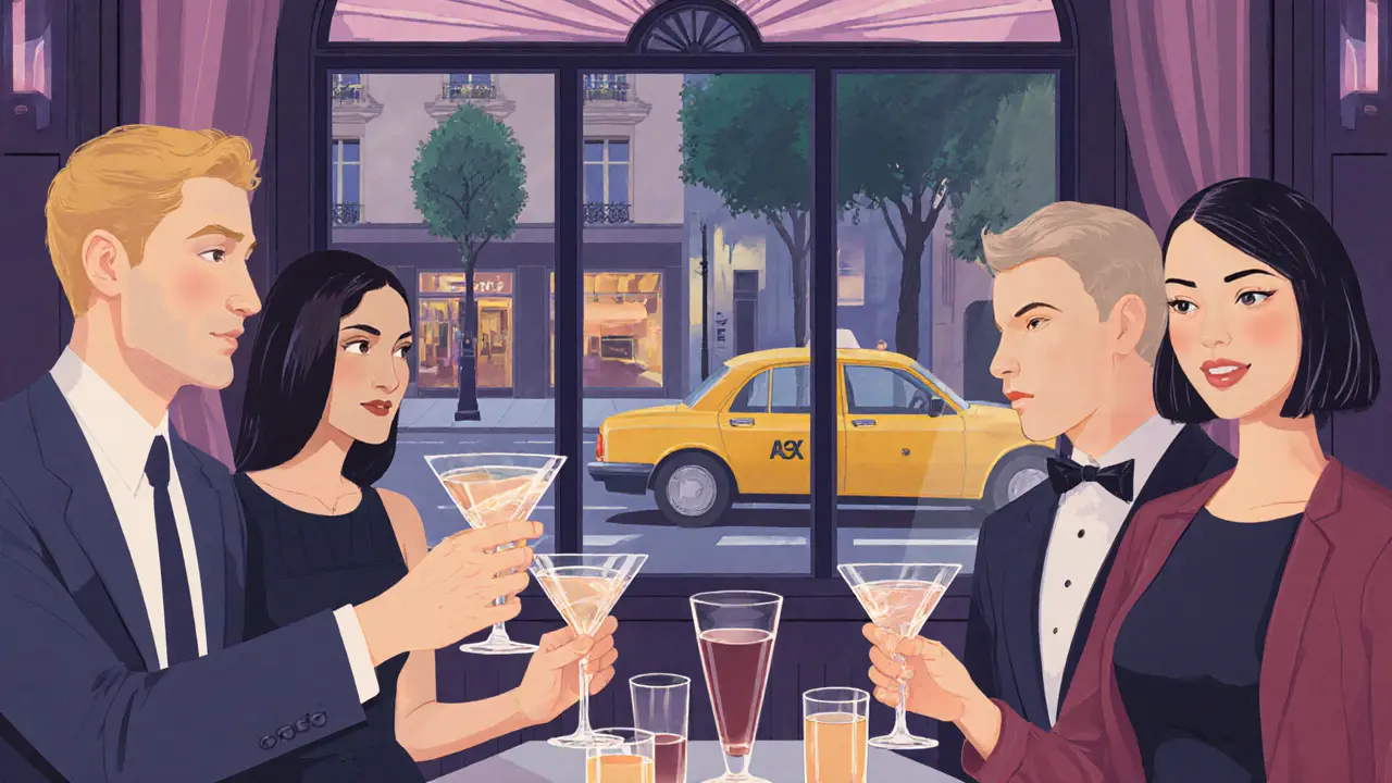 Patrons enjoying a pre‑show cocktail in a stylish Marais bar before a night out.