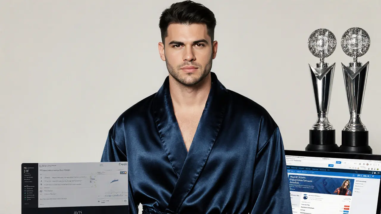 Portrait of a man in a silk robe with awards and a laptop displaying a subscription platform.