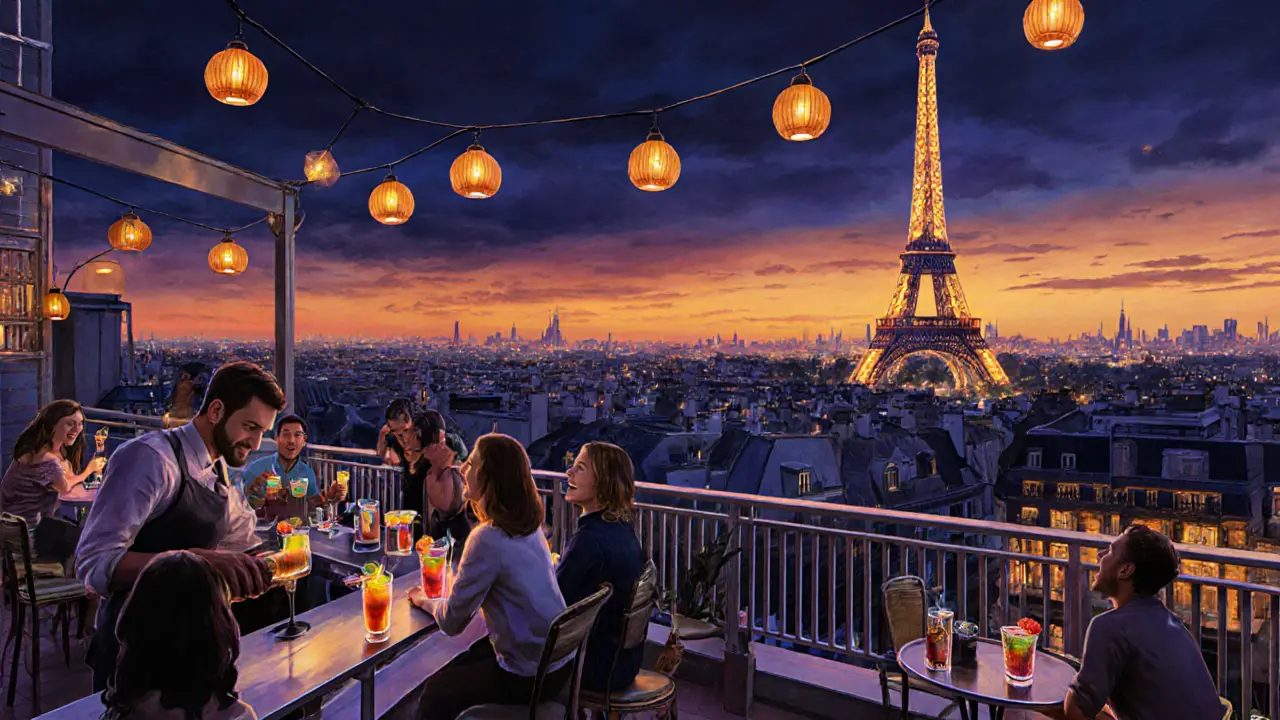 Rooftop bar at sunset overlooking illuminated Paris skyline.
