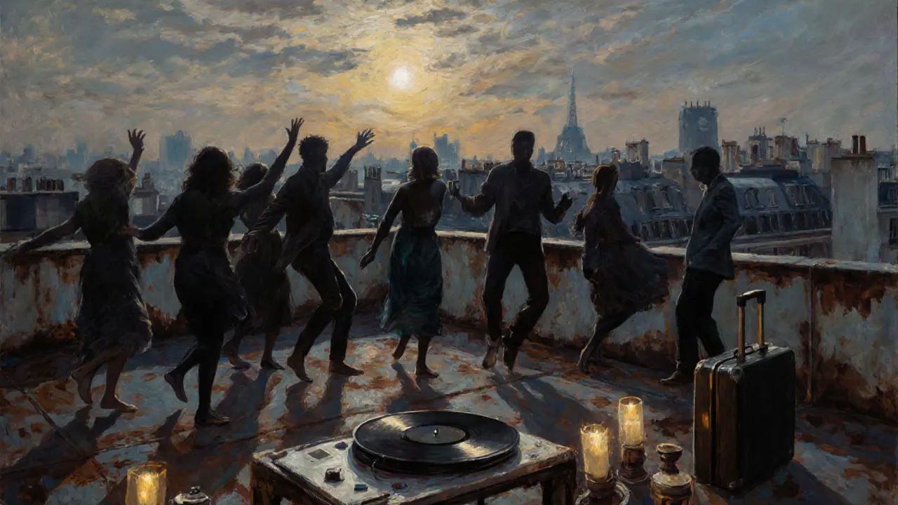 Silhouettes dance on a rooftop under moonlight, surrounded by candlelight and spinning vinyl records in a hidden Paris space.
