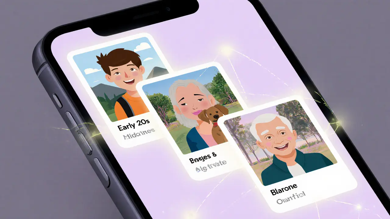 Smartphone screen showing dating profiles of three age groups with glowing connections between middle-aged users.