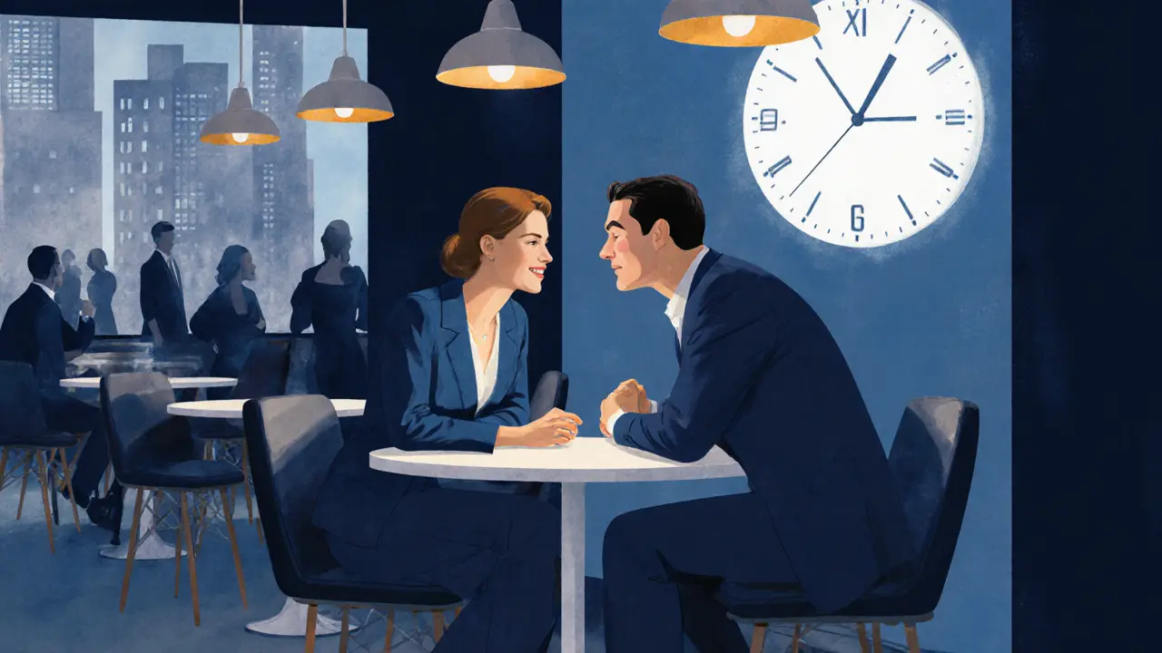 Speed‑dating table where a man and woman exchange a brief smile.