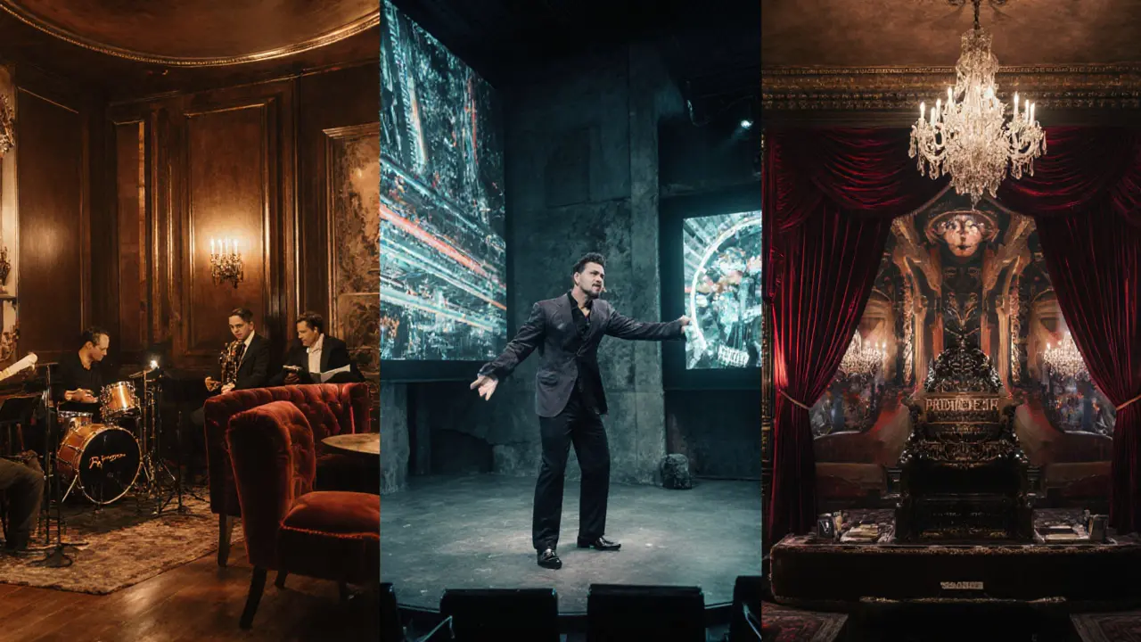 Three club scenes: Le Tango lounge, Rex Club techno venue, and Le Carmen burlesque speakeasy.
