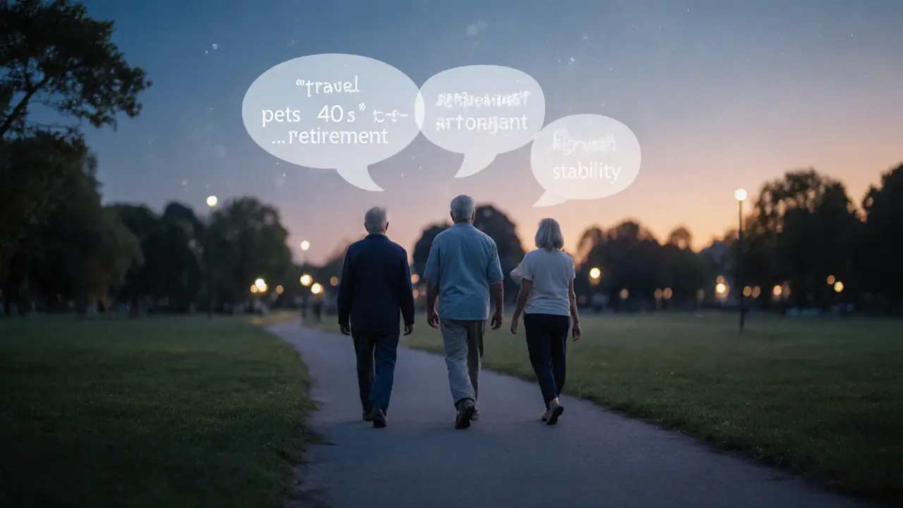 Three people walking in a park at sunset, each with translucent conversation bubbles reflecting their life stage.