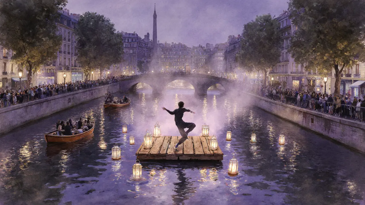 Titof dancing on a floating stage on the Canal Saint‑Martin, with boats and lantern reflections.