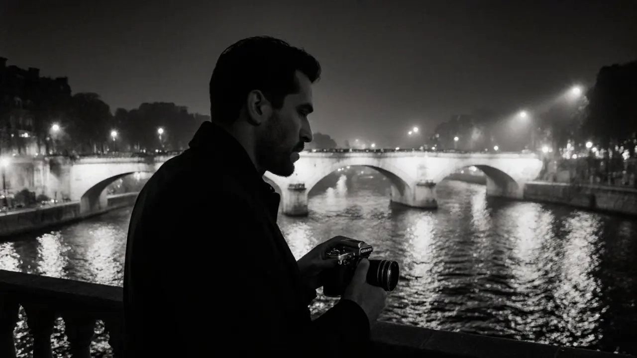 Tony on a Paris balcony at night holding a camera, overlooking the Seine.