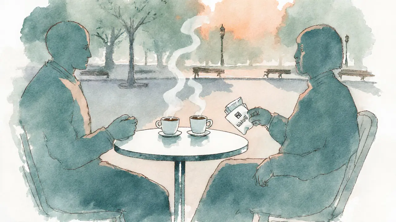 Two people share coffee at a quiet café patio, with a hidden code on a napkin.