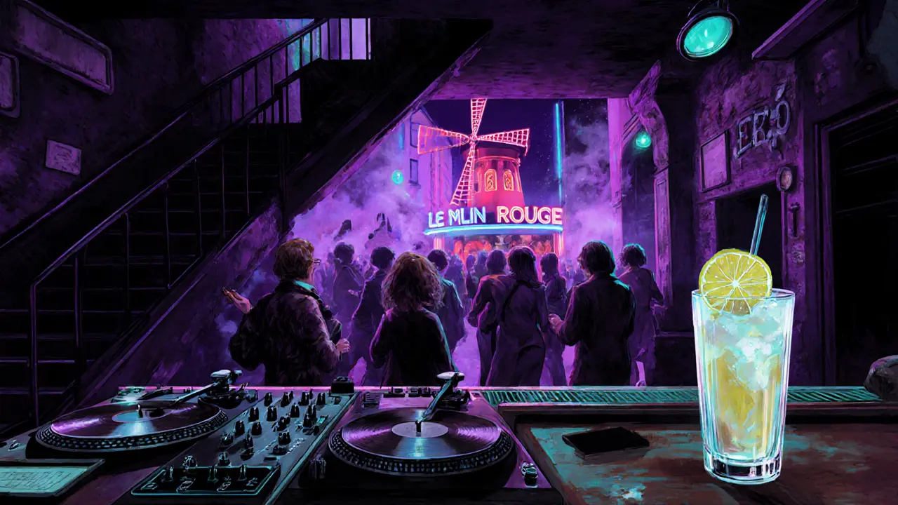 Underground club scene with neon lights, DJ, and a glass of Pastis.