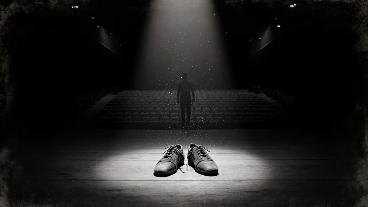 Worn dance shoes on an empty stage, single spotlight, dust floating, no one else in sight.