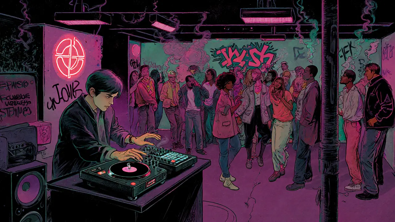 1980s underground club scene with analog equipment and neon lights, no modern elements.