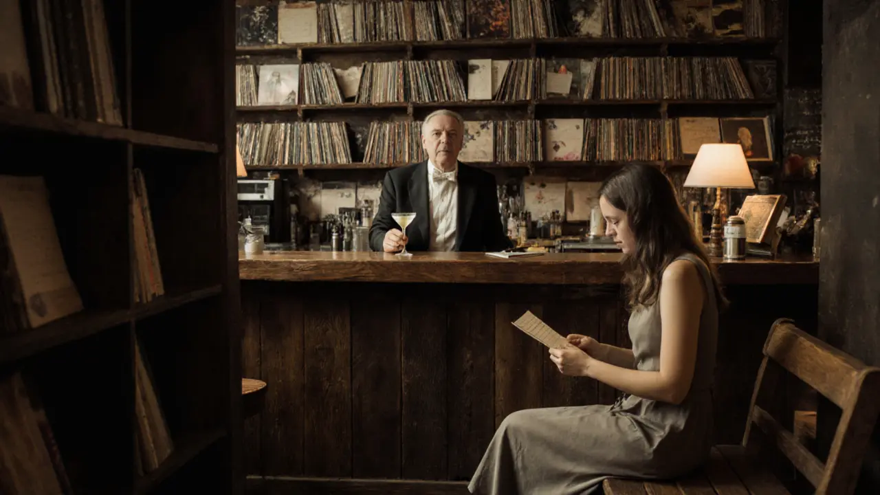 A bar with hundreds of handwritten vinyl records and a singer mixing drinks under soft lamplight.